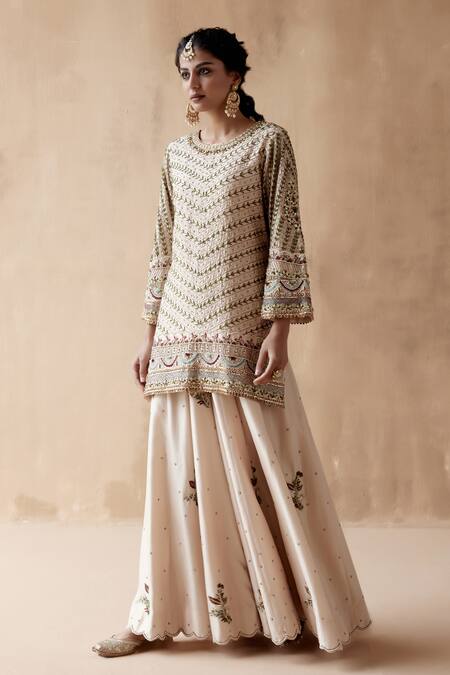 Aman Takyar Ivory Organza, Silk Sequins, Pearls, Embroidery, Zari Leaf Kurta Sharara Set Online at Aza Fashions Aman Takyar_Ivory Organza, Silk Sequins, Pearls, Embroidery, Zari Leaf Kurta Sharara Set _Online_at_Aza_Fashions