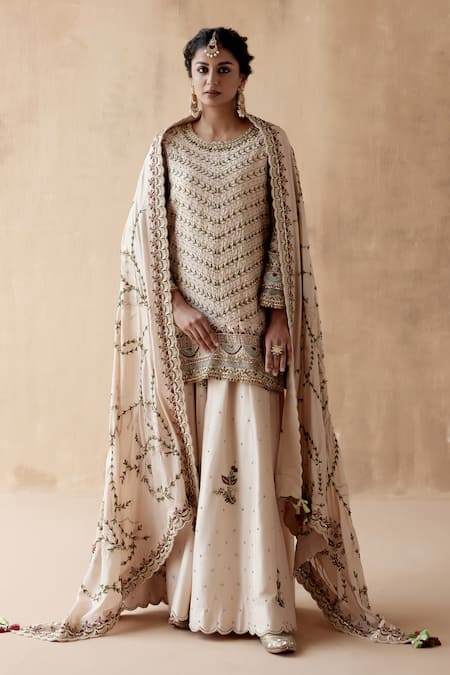 Buy Aman Takyar Ivory Organza, Silk Sequins, Pearls, Embroidery, Zari Leaf Kurta Sharara Set Online at Aza Fashions Buy_Aman Takyar_Ivory Organza, Silk Sequins, Pearls, Embroidery, Zari Leaf Kurta Sharara Set _Online_at_Aza_Fashions