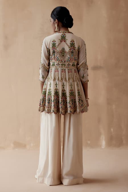 Shop Aman Takyar Ivory Georgette Cut Work, Embroidery, Floral Peplum Kurta And Sharara Set at Aza Fashions Shop_Aman Takyar_Ivory Georgette Cut Work, Embroidery, Floral Peplum Kurta And Sharara Set _at_Aza_Fashions