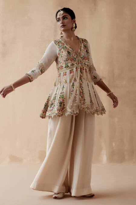 Aman Takyar Ivory Georgette Cut Work, Embroidery, Floral Peplum Kurta And Sharara Set Online at Aza Fashions Aman Takyar_Ivory Georgette Cut Work, Embroidery, Floral Peplum Kurta And Sharara Set _Online_at_Aza_Fashions