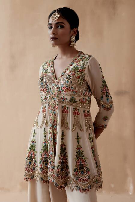 Shop Aman Takyar Ivory Georgette Cut Work, Embroidery, Floral Peplum Kurta And Sharara Set Online at Aza Fashions Shop_Aman Takyar_Ivory Georgette Cut Work, Embroidery, Floral Peplum Kurta And Sharara Set _Online_at_Aza_Fashions