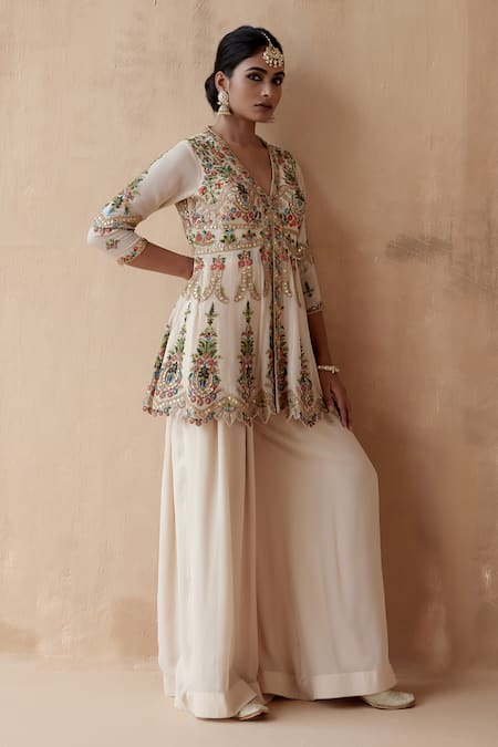 Aman Takyar Ivory Georgette Cut Work, Embroidery, Floral Peplum Kurta And Sharara Set at Aza Fashions Aman Takyar_Ivory Georgette Cut Work, Embroidery, Floral Peplum Kurta And Sharara Set _at_Aza_Fashions