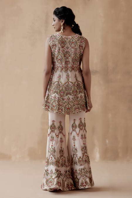 Shop Aman Takyar Beige Georgette Zari, Sequins, Cut Thread Embroidered Peplum Kurta And Sharara Set at Aza Fashions Shop_Aman Takyar_Beige Georgette Zari, Sequins, Cut Thread Embroidered Peplum Kurta And Sharara Set _at_Aza_Fashions
