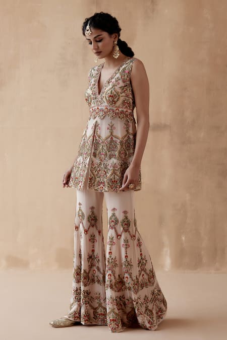 Aman Takyar Beige Georgette Zari, Sequins, Cut Thread Embroidered Peplum Kurta And Sharara Set Online at Aza Fashions Aman Takyar_Beige Georgette Zari, Sequins, Cut Thread Embroidered Peplum Kurta And Sharara Set _Online_at_Aza_Fashions