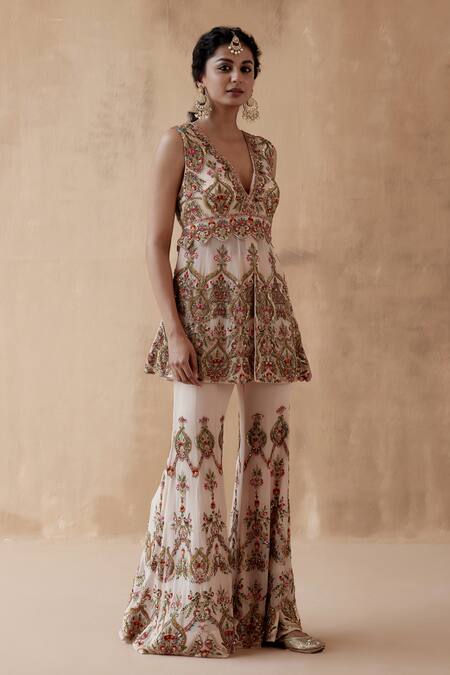 Buy Aman Takyar Beige Georgette Zari, Sequins, Cut Thread Embroidered Peplum Kurta And Sharara Set Online at Aza Fashions Buy_Aman Takyar_Beige Georgette Zari, Sequins, Cut Thread Embroidered Peplum Kurta And Sharara Set _Online_at_Aza_Fashions