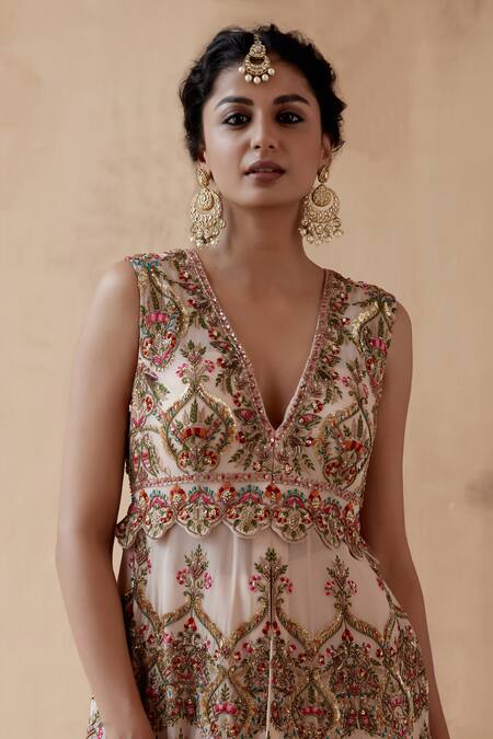 Shop Aman Takyar Beige Georgette Zari, Sequins, Cut Thread Embroidered Peplum Kurta And Sharara Set Online at Aza Fashions Shop_Aman Takyar_Beige Georgette Zari, Sequins, Cut Thread Embroidered Peplum Kurta And Sharara Set _Online_at_Aza_Fashions