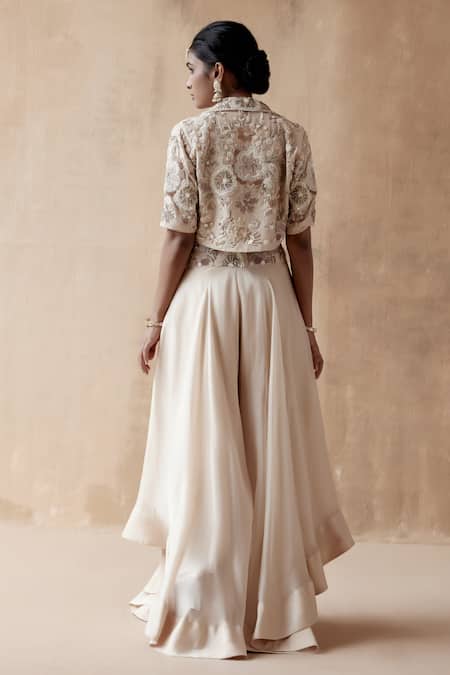 Shop Aman Takyar Ivory Organza, Silk Sequins, Embroidery, Zari Collared, Jacket With Sharara Set at Aza Fashions Shop_Aman Takyar_Ivory Organza, Silk Sequins, Embroidery, Zari Collared, Jacket With Sharara Set _at_Aza_Fashions