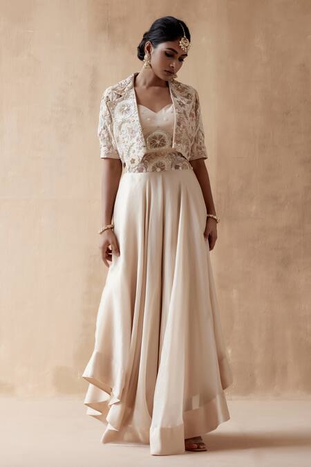 Aman Takyar Ivory Organza, Silk Sequins, Embroidery, Zari Collared, Jacket With Sharara Set Online at Aza Fashions Aman Takyar_Ivory Organza, Silk Sequins, Embroidery, Zari Collared, Jacket With Sharara Set _Online_at_Aza_Fashions