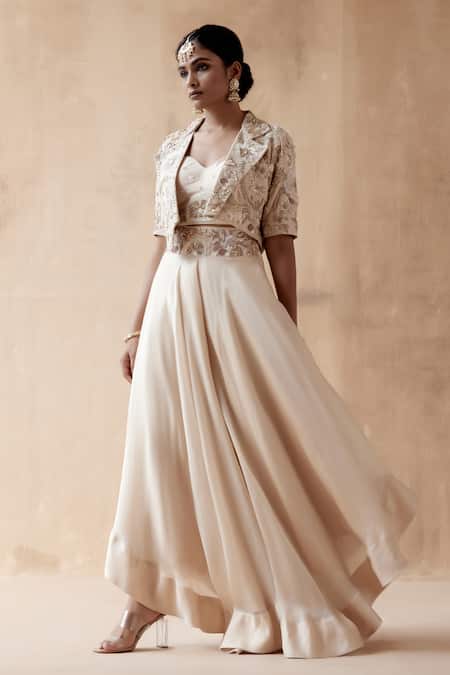 Shop Aman Takyar Ivory Organza, Silk Sequins, Embroidery, Zari Collared, Jacket With Sharara Set Online at Aza Fashions Shop_Aman Takyar_Ivory Organza, Silk Sequins, Embroidery, Zari Collared, Jacket With Sharara Set _Online_at_Aza_Fashions