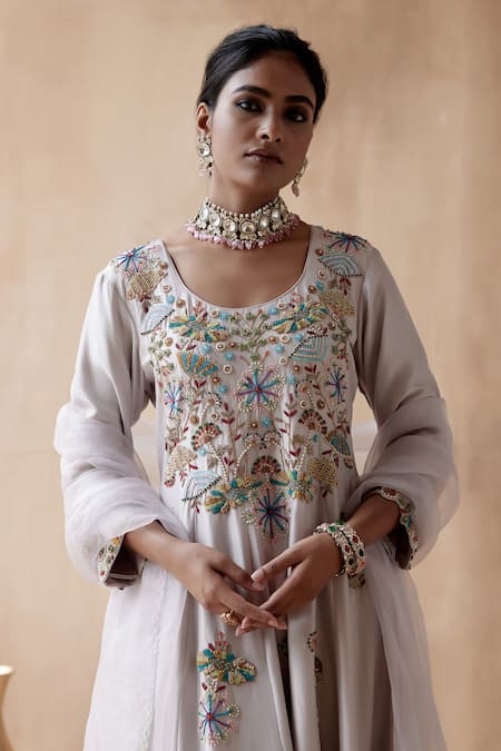 Buy Aman Takyar Grey Organza, Silk Embroidery, Zari, Sequins, Pearls Round Thread Anarkali Set Online at Aza Fashions Buy_Aman Takyar_Grey Organza, Silk Embroidery, Zari, Sequins, Pearls Round Thread Anarkali Set _Online_at_Aza_Fashions