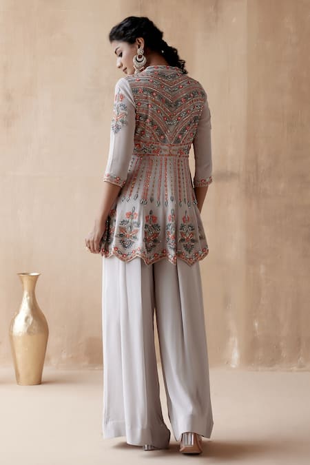 Shop Aman Takyar Grey Georgette Cut Work V-neck Flower Embroidered Peplum Kurta And Sharara Set at Aza Fashions Shop_Aman Takyar_Grey Georgette Cut Work V-neck Flower Embroidered Peplum Kurta And Sharara Set _at_Aza_Fashions