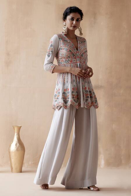 Aman Takyar Grey Georgette Cut Work V-neck Flower Embroidered Peplum Kurta And Sharara Set Online at Aza Fashions Aman Takyar_Grey Georgette Cut Work V-neck Flower Embroidered Peplum Kurta And Sharara Set _Online_at_Aza_Fashions