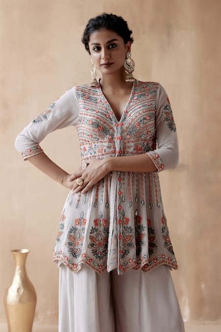 Buy Aman Takyar Grey Georgette Cut Work V-neck Flower Embroidered Peplum Kurta And Sharara Set Online at Aza Fashions Buy_Aman Takyar_Grey Georgette Cut Work V-neck Flower Embroidered Peplum Kurta And Sharara Set _Online_at_Aza_Fashions