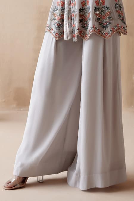 Shop Aman Takyar Grey Georgette Cut Work V-neck Flower Embroidered Peplum Kurta And Sharara Set Online at Aza Fashions Shop_Aman Takyar_Grey Georgette Cut Work V-neck Flower Embroidered Peplum Kurta And Sharara Set _Online_at_Aza_Fashions