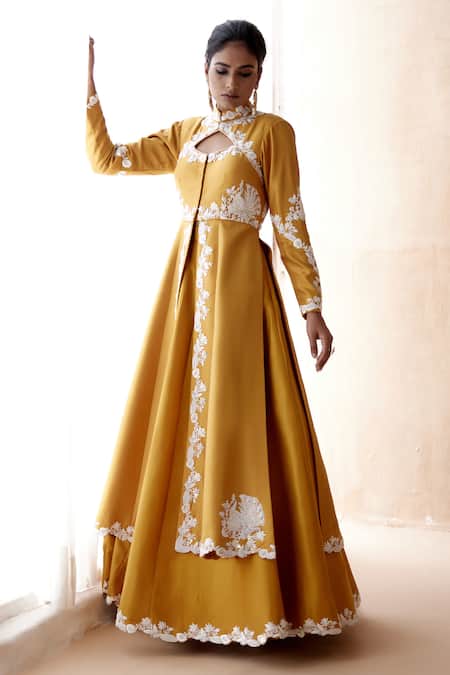 Shop Aman Takyar Yellow Georgette, Silk Embroidery Bandeau Neck Thread Jacket And Skirt Set at Aza Fashions Shop_Aman Takyar_Yellow Georgette, Silk Embroidery Bandeau Neck Thread Jacket And Skirt Set _at_Aza_Fashions