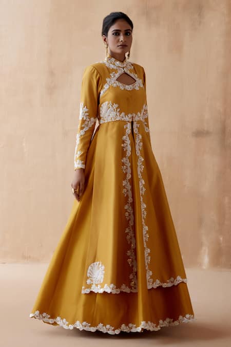 Aman Takyar Yellow Georgette, Silk Embroidery Bandeau Neck Thread Jacket And Skirt Set Online at Aza Fashions Aman Takyar_Yellow Georgette, Silk Embroidery Bandeau Neck Thread Jacket And Skirt Set _Online_at_Aza_Fashions