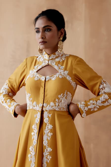 Buy Aman Takyar Yellow Georgette, Silk Embroidery Bandeau Neck Thread Jacket And Skirt Set Online at Aza Fashions Buy_Aman Takyar_Yellow Georgette, Silk Embroidery Bandeau Neck Thread Jacket And Skirt Set _Online_at_Aza_Fashions