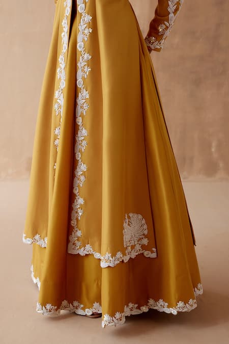 Shop Aman Takyar Yellow Georgette, Silk Embroidery Bandeau Neck Thread Jacket And Skirt Set Online at Aza Fashions Shop_Aman Takyar_Yellow Georgette, Silk Embroidery Bandeau Neck Thread Jacket And Skirt Set _Online_at_Aza_Fashions
