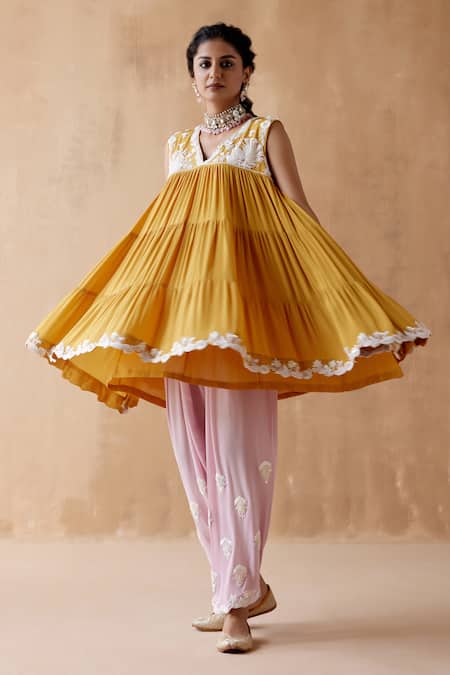 Shop Aman Takyar Yellow Georgette Cut Work, Embroidery V-neck Yoke Anarkali And Pant Set at Aza Fashions Shop_Aman Takyar_Yellow Georgette Cut Work, Embroidery V-neck Yoke Anarkali And Pant Set _at_Aza_Fashions