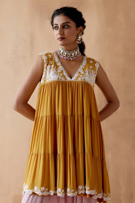 Aman Takyar Yellow Georgette Cut Work, Embroidery V-neck Yoke Anarkali And Pant Set Online at Aza Fashions Aman Takyar_Yellow Georgette Cut Work, Embroidery V-neck Yoke Anarkali And Pant Set _Online_at_Aza_Fashions