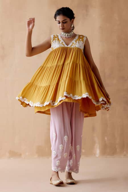 Shop Aman Takyar Yellow Georgette Cut Work, Embroidery V-neck Yoke Anarkali And Pant Set Online at Aza Fashions Shop_Aman Takyar_Yellow Georgette Cut Work, Embroidery V-neck Yoke Anarkali And Pant Set _Online_at_Aza_Fashions