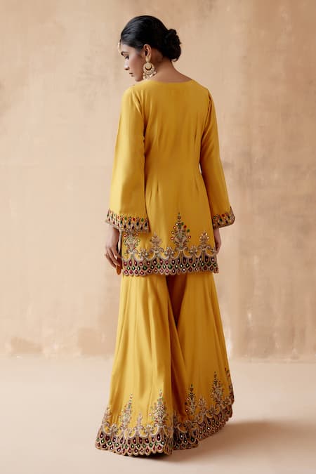 Shop_Aman Takyar_Yellow Organza, Silk Mirrors, Pearls, Beads, Embroidery V-neck Kurta Sharara Set _at_Aza_Fashions