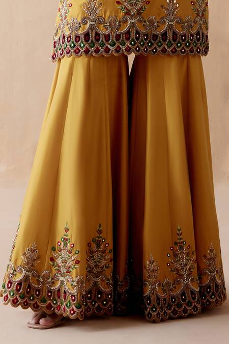 Shop_Aman Takyar_Yellow Organza, Silk Mirrors, Pearls, Beads, Embroidery V-neck Kurta Sharara Set _Online_at_Aza_Fashions