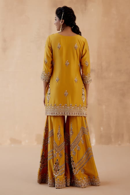 Shop_Aman Takyar_Yellow Organza, Silk Cut Work, Beads, Embroidery, Floral Kurta Sharara Set _at_Aza_Fashions