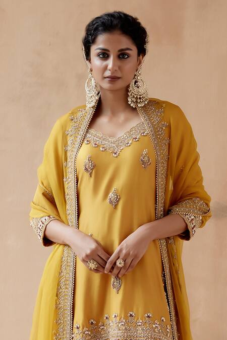 Aman Takyar_Yellow Organza, Silk Cut Work, Beads, Embroidery, Floral Kurta Sharara Set _Online_at_Aza_Fashions