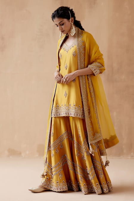 Buy_Aman Takyar_Yellow Organza, Silk Cut Work, Beads, Embroidery, Floral Kurta Sharara Set _Online_at_Aza_Fashions