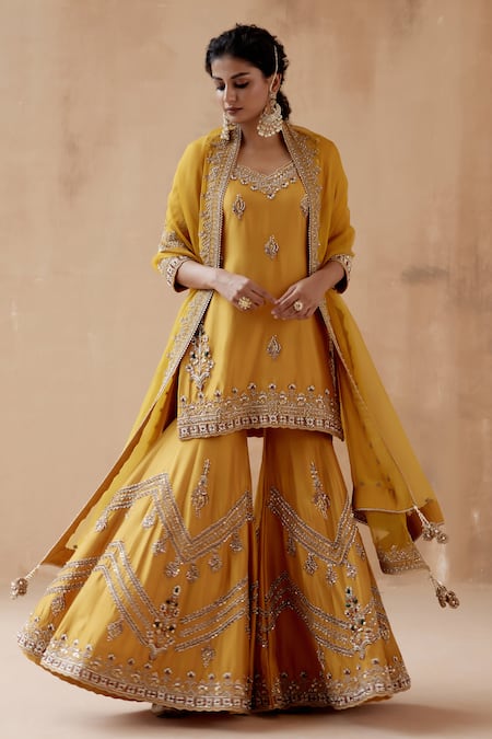 Shop_Aman Takyar_Yellow Organza, Silk Cut Work, Beads, Embroidery, Floral Kurta Sharara Set _Online_at_Aza_Fashions