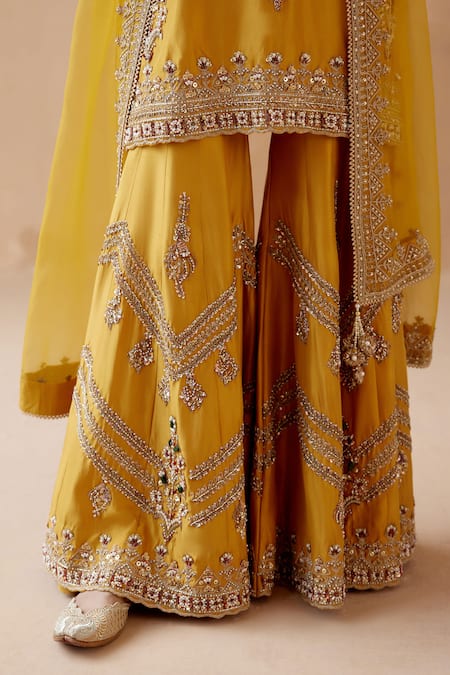 Aman Takyar_Yellow Organza, Silk Cut Work, Beads, Embroidery, Floral Kurta Sharara Set _at_Aza_Fashions