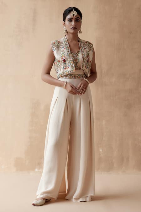 Aman Takyar_Ivory Silk, Georgette Embroidery, Sequins Open Floral Jumpsuit And Jacket Set _Online_at_Aza_Fashions