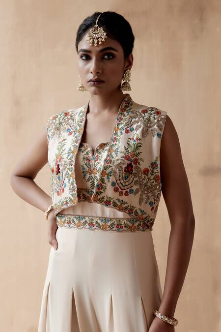 Buy_Aman Takyar_Ivory Silk, Georgette Embroidery, Sequins Open Floral Jumpsuit And Jacket Set _Online_at_Aza_Fashions