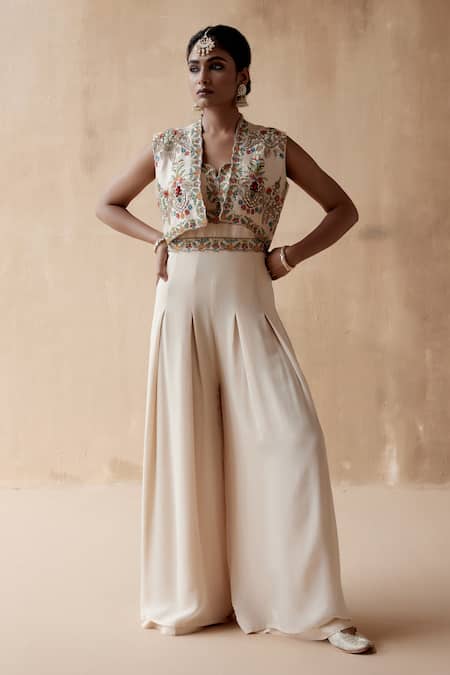 Shop_Aman Takyar_Ivory Silk, Georgette Embroidery, Sequins Open Floral Jumpsuit And Jacket Set _Online_at_Aza_Fashions