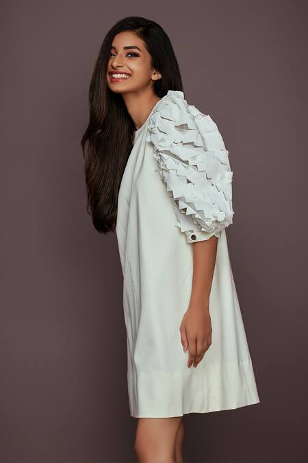 Shop_Deepika Arora_White Roma Cut Work And 3d Flowers Round Embroidered Balloon Sleeve Dress_Online_at_Aza_Fashions