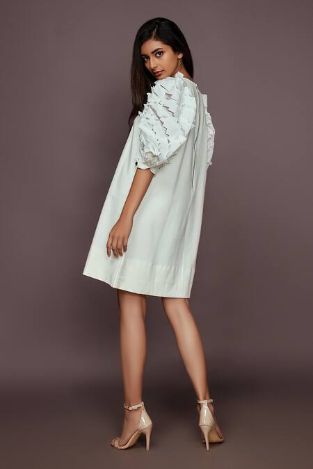 Buy_Deepika Arora_White Roma Cut Work And 3d Flowers Round Embroidered Balloon Sleeve Dress_Online_at_Aza_Fashions