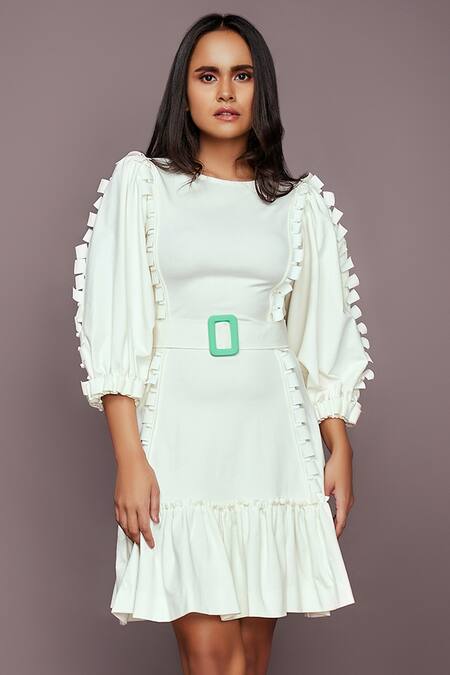 Deepika Arora White Roma Round Cutwork Detailed Backless Dress With Belt Online at Aza Fashions Deepika Arora_White Roma Round Cutwork Detailed Backless Dress With Belt_Online_at_Aza_Fashions