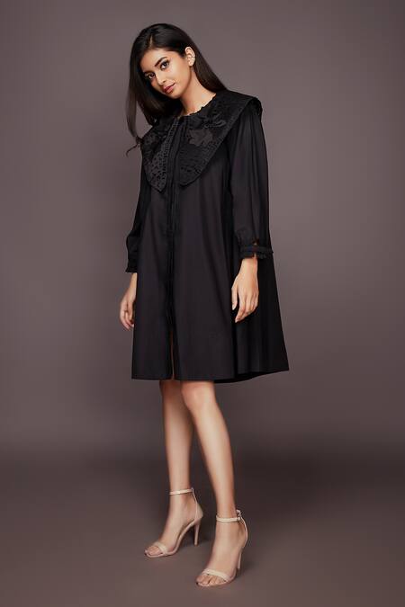 Deepika Arora_Black Cotton Plain Round Neck Dress With Collar_at_Aza_Fashions
