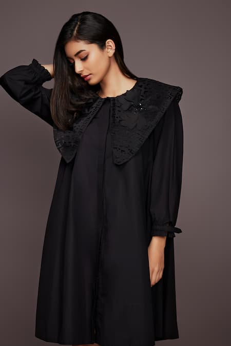 Buy_Deepika Arora_Black Cotton Plain Round Neck Dress With Collar_Online_at_Aza_Fashions