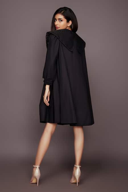 Deepika Arora_Black Cotton Plain Round Neck Dress With Collar_Online_at_Aza_Fashions