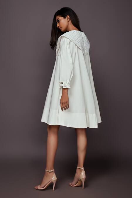 Shop_Deepika Arora_White Cotton Plain Round Dress With Cutwork Collar _at_Aza_Fashions