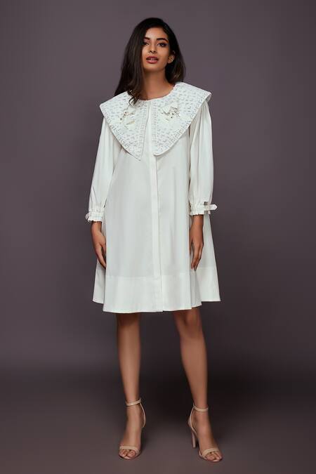 Buy_Deepika Arora_White Cotton Plain Round Dress With Cutwork Collar _Online_at_Aza_Fashions