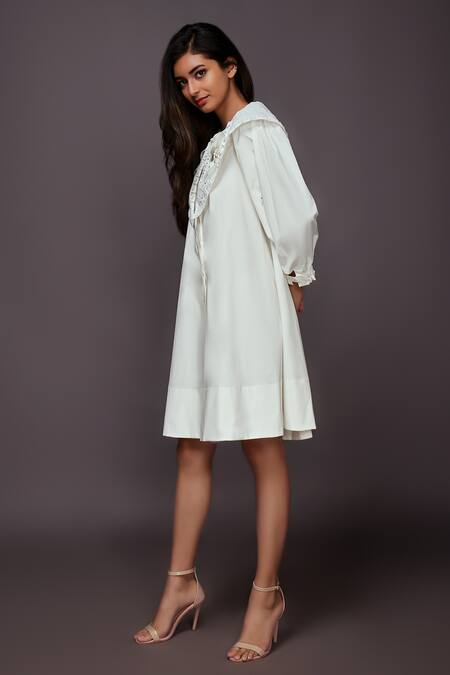 Shop_Deepika Arora_White Cotton Plain Round Dress With Cutwork Collar _Online_at_Aza_Fashions