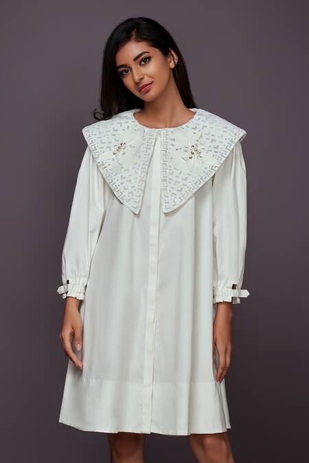 Deepika Arora_White Cotton Plain Round Dress With Cutwork Collar _Online_at_Aza_Fashions