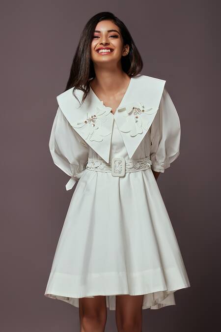 Shop_Deepika Arora_White Cotton Floral Collared Neck Embroidered Dress_Online_at_Aza_Fashions