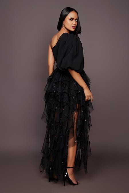 Deepika Arora_Black Roma And Net Cut Geometric & Neon Thread Embroidered Ruffle Gown _Online_at_Aza_Fashions