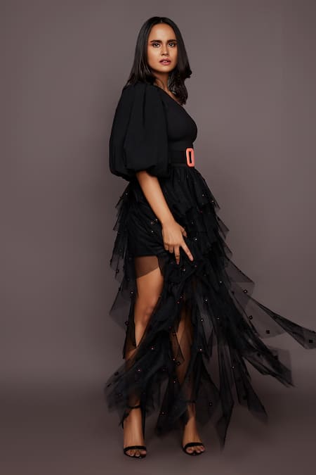 Deepika Arora_Black Roma And Net Cut Geometric & Neon Thread Embroidered Ruffle Gown _at_Aza_Fashions