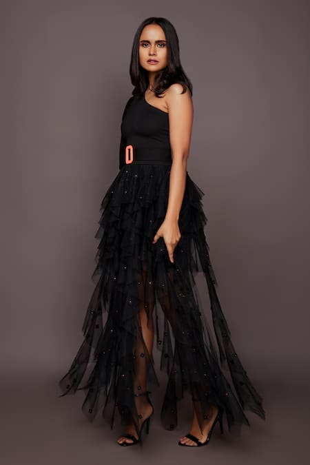Buy_Deepika Arora_Black Roma And Net Cut Geometric & Neon Thread Embroidered Ruffle Gown 