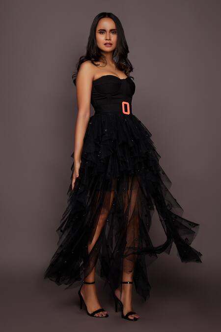 Deepika Arora_Black Roma And Net Cut Geometric & Neon Thread Corset & Ruffle Skirt Set_at_Aza_Fashions